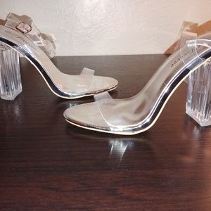 silver clear block heels